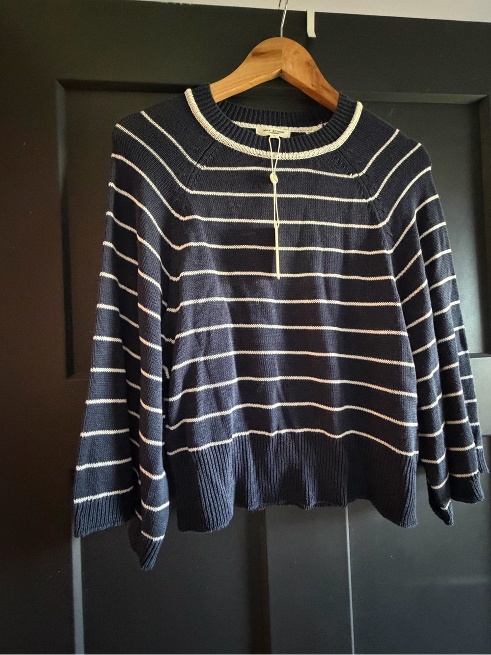 Max Studio Navy and White Striped Crewneck Sweater